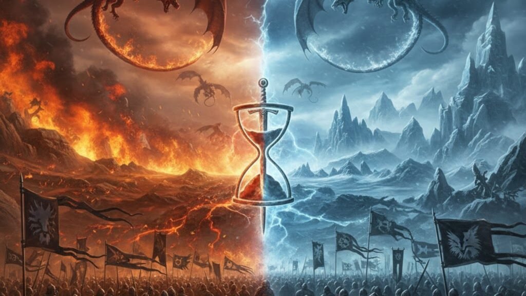 House of the Dragon Season 3 war imagery showing fire and ice armies facing each other as dragons fly overhead