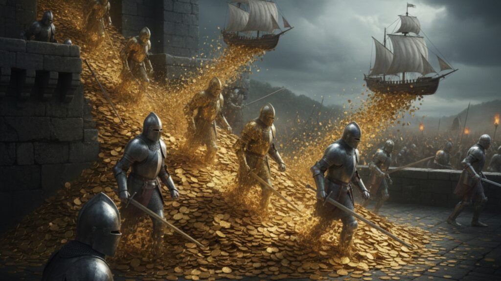 Iron Bank gold funding armies and ships in Westeros, symbolizing financial power and debt control.