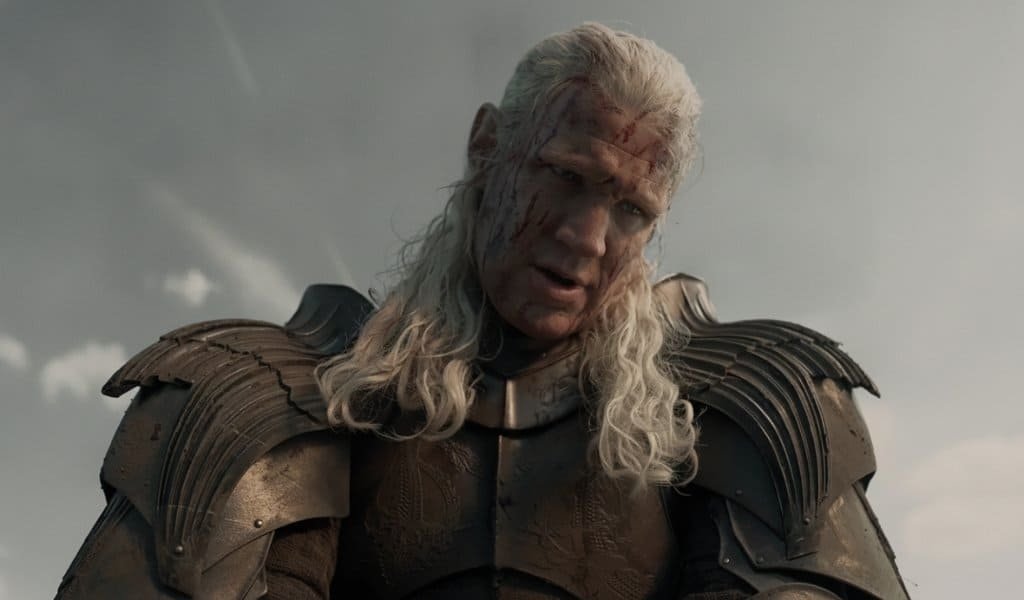 Matt Smith as Daemon Targaryen covered in blood and wearing battle armor in House of the Dragon season 3