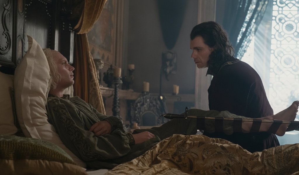Matthew Needham as Larys Strong talking to a bedridden and wounded Tom Glynn-Carney as Aegon II Targaryen in his chambers inside the Red Keep in House of the Dragon.