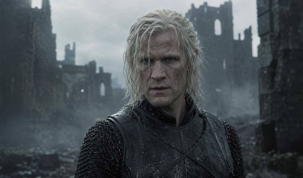 Close-up of a rugged, wet-haired Daemon Targaryen in black armor standing in front of the ruined, smoky castle of Harrenhal.