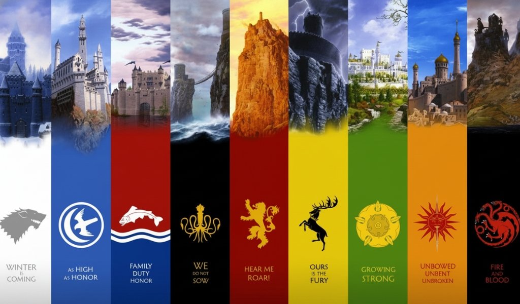 Infographic showing the sigils, house words, and ancestral castles of the Great Houses of Westeros in Game of Thrones.