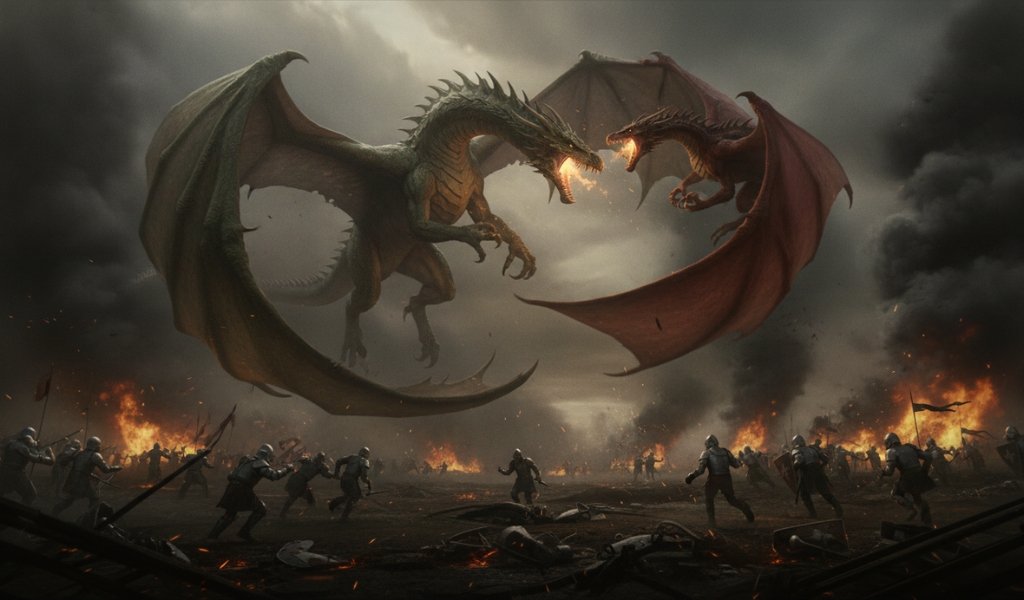 A cinematic wide shot from House of the Dragon, showing the tragic aftermath of Rook's Rest. A badly burned and broken King Aegon II Targaryen in his golden armor, slumped against the collapsed stone walls of the destroyed fortress, with his equally crippled and wings-broken legendary dragon Sunfyre lying near him.