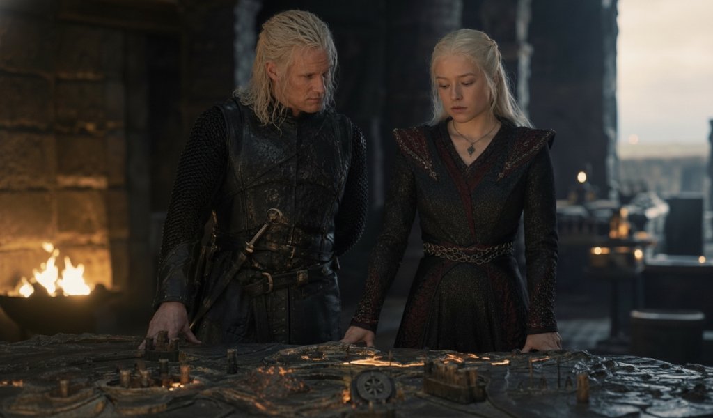 Matt Smith as Daemon Targaryen and Emma D'Arcy as Rhaenyra Targaryen analyzing the Painted Table map in House of the Dragon Season 3.