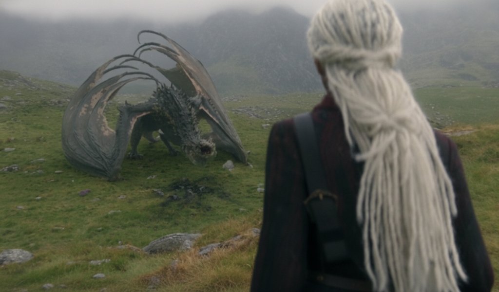house of the dragon season 3 episode 2 rhaena targaryen looking at sheepstealer dragon in misty vale landscape