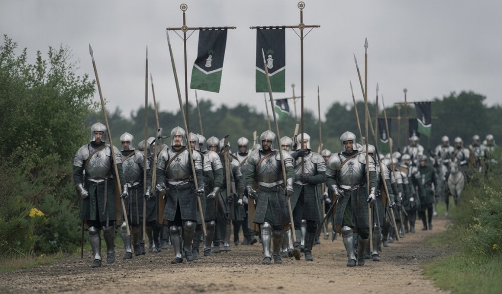 Hightower army marching from Oldtown under green banners in House of the Dragon