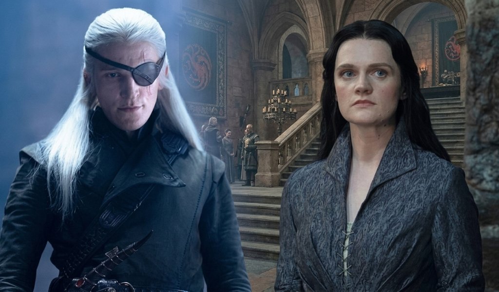 Aemond Targaryen recovering from his wounds next to Alys Rivers inside the ruins of Harrenhal