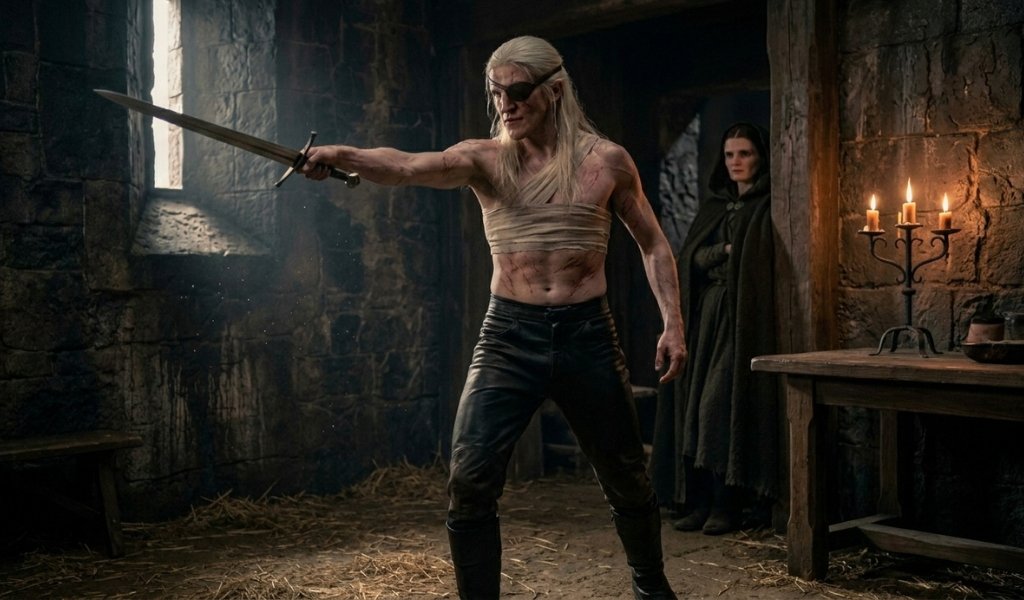 Aemond Targaryen training with a sword shirtless while wearing chest bandages after surviving Harrenhal.