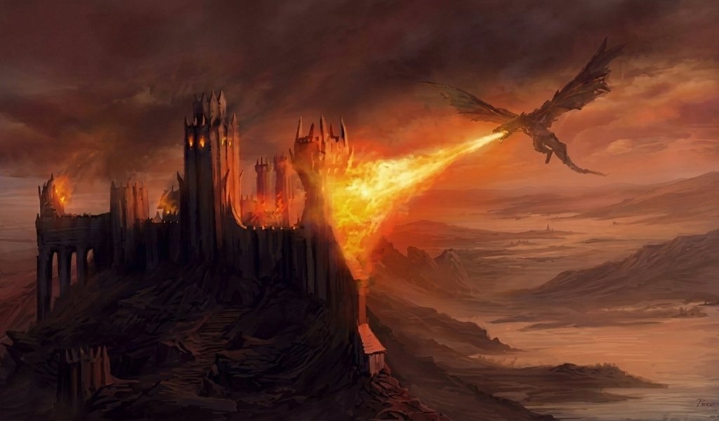 Balerion the Black Dread burning the towers of Harrenhal during Aegon Conquest.