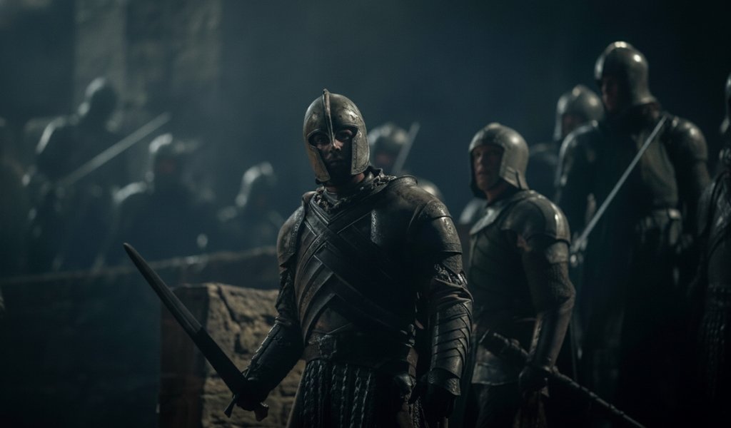 Criston Cole and Gwayne Hightower in full armor with Green soldiers at Harrenhal.