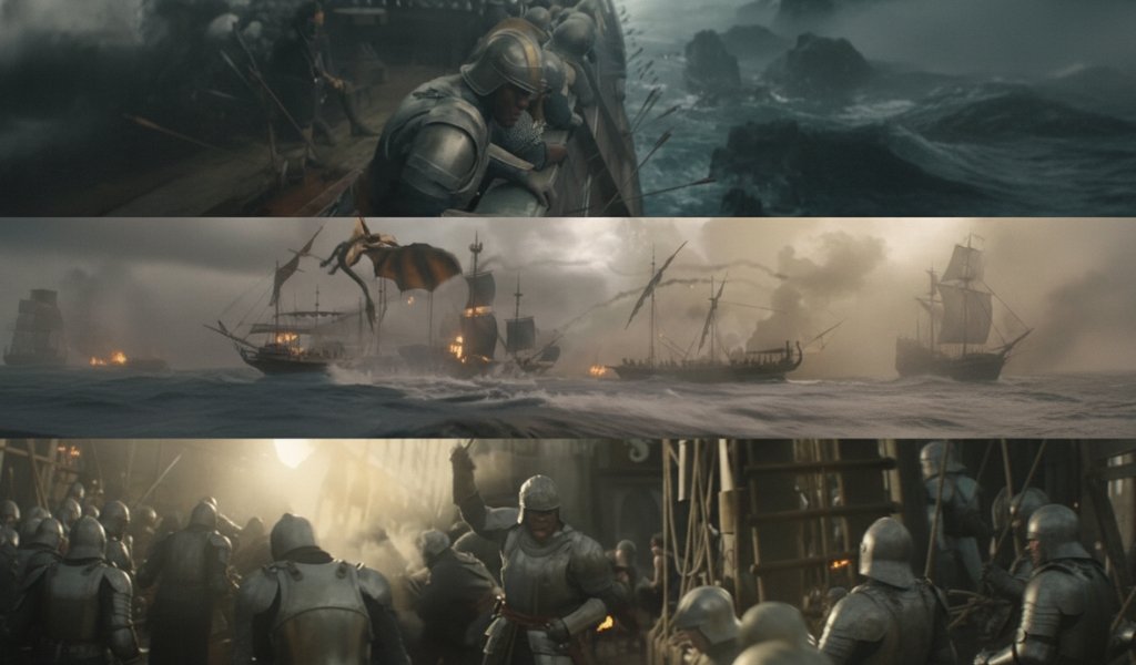 A dramatic sea battle sequence with dragons and warships in House of the Dragon