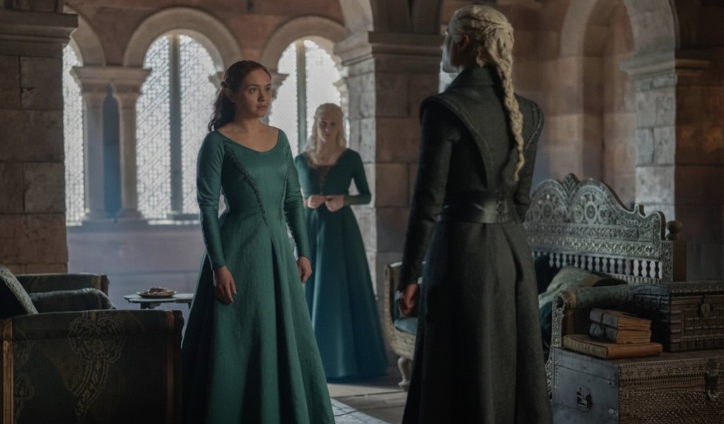 Queen Rhaenyra Targaryen confronting Alicent Hightower in the Red Keep chambers