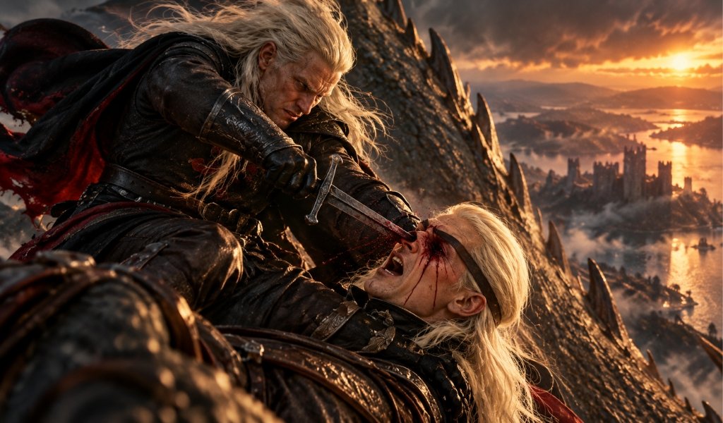Daemon Targaryen stabbing Dark Sister into Aemond eye socket during the battle above the gods eye