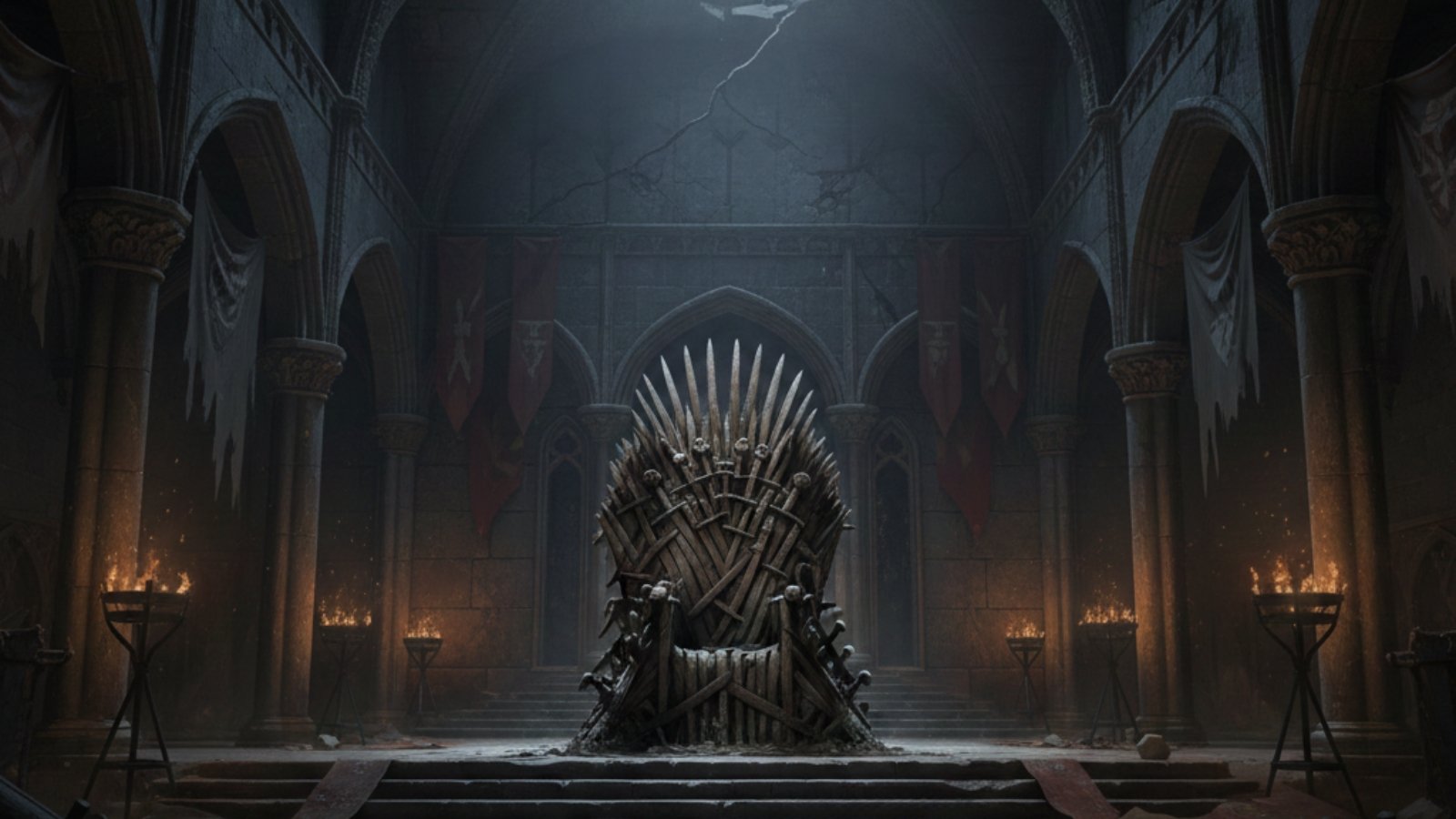 the Iron Throne inside a ruined hall, symbolizing the collapse of royal power and rising debt in Westeros.