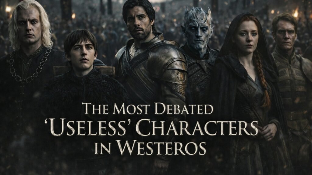 A cinematic Game of Thrones–style image showing the most debated so-called useless characters in Westeros, highlighting fan disagreements over character value and impact