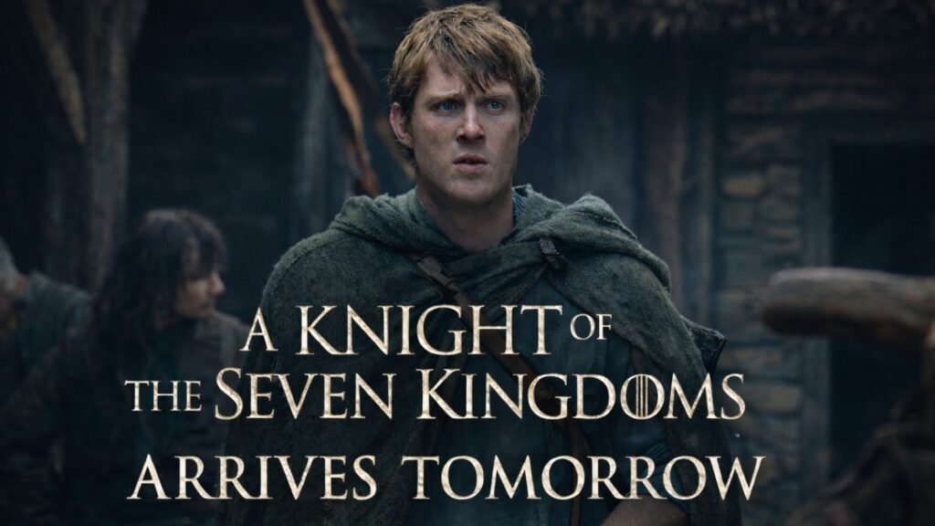 Cinematic hero image of a knight from A Knight of the Seven Kingdoms with text announcing the series arrives tomorrow