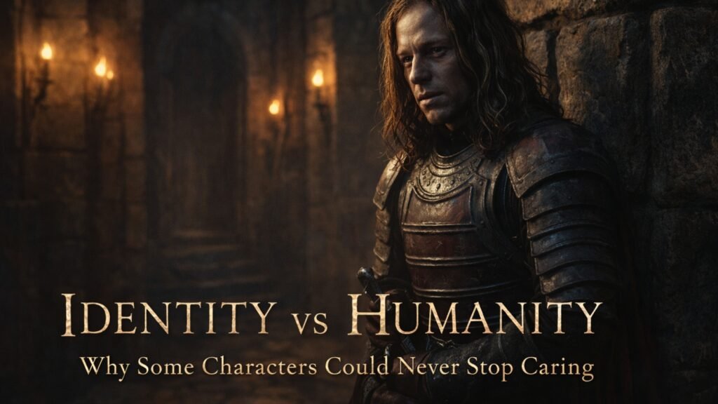 A lone armored knight in a dark stone corridor symbolizing identity versus humanity in Game of Thrones, representing characters who could never stop caring.