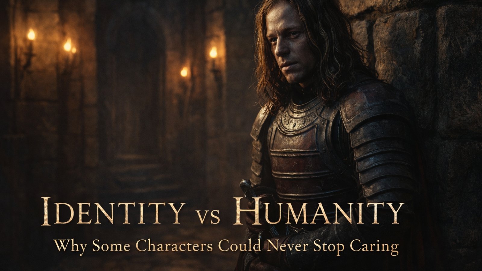 A lone armored knight in a dark stone corridor symbolizing identity versus humanity in Game of Thrones, representing characters who could never stop caring.