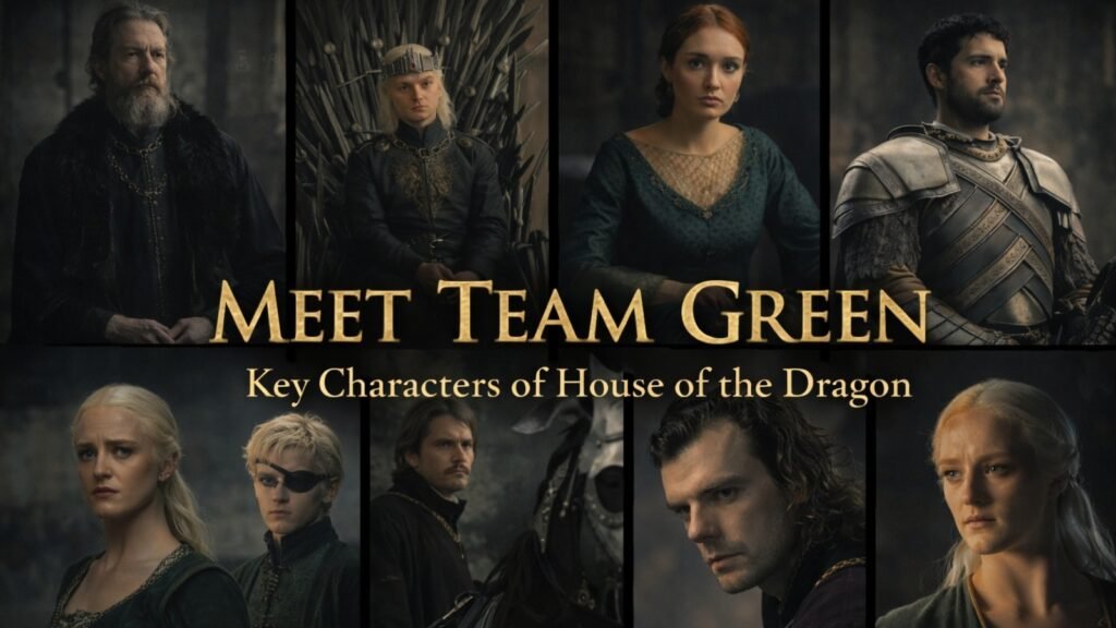 Collage of Team Green characters from House of the Dragon, featuring key royal and knightly figures