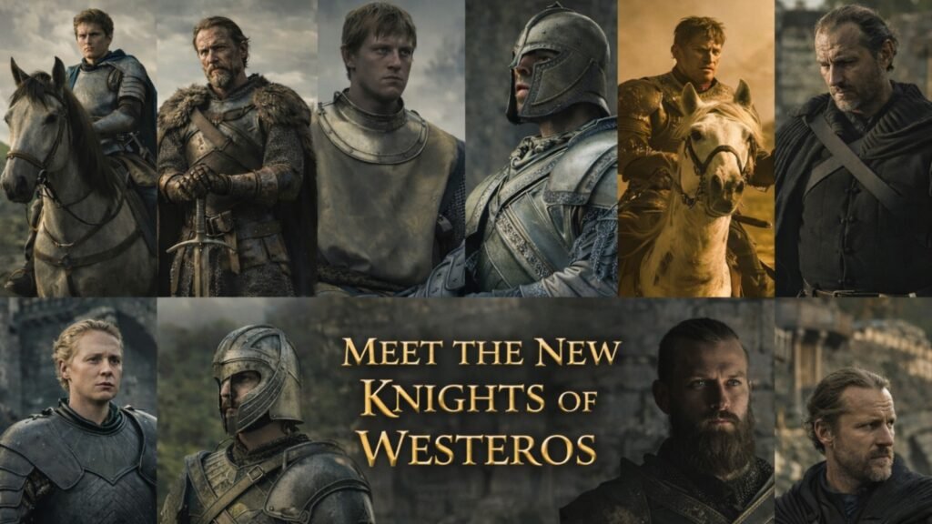 A cinematic hero image featuring the new generation of knights from HBO’s upcoming series A Knight of the Seven Kingdoms. The image captures multiple armored warriors in a medieval Westeros setting, symbolizing honor, courage, and the beginning of a new chapter in the Game of Thrones universe.