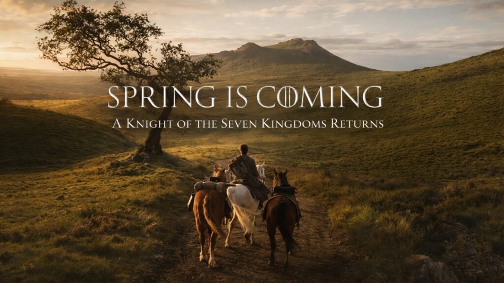 Two travelers riding through the green hills of Westeros as spring begins in A Knight of the Seven Kingdoms