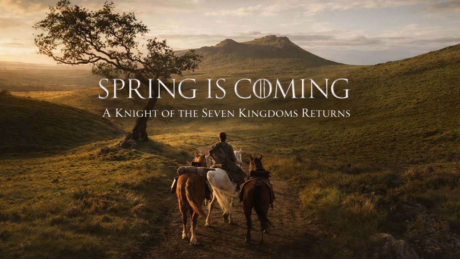 Two travelers riding through the green hills of Westeros as spring begins in A Knight of the Seven Kingdoms