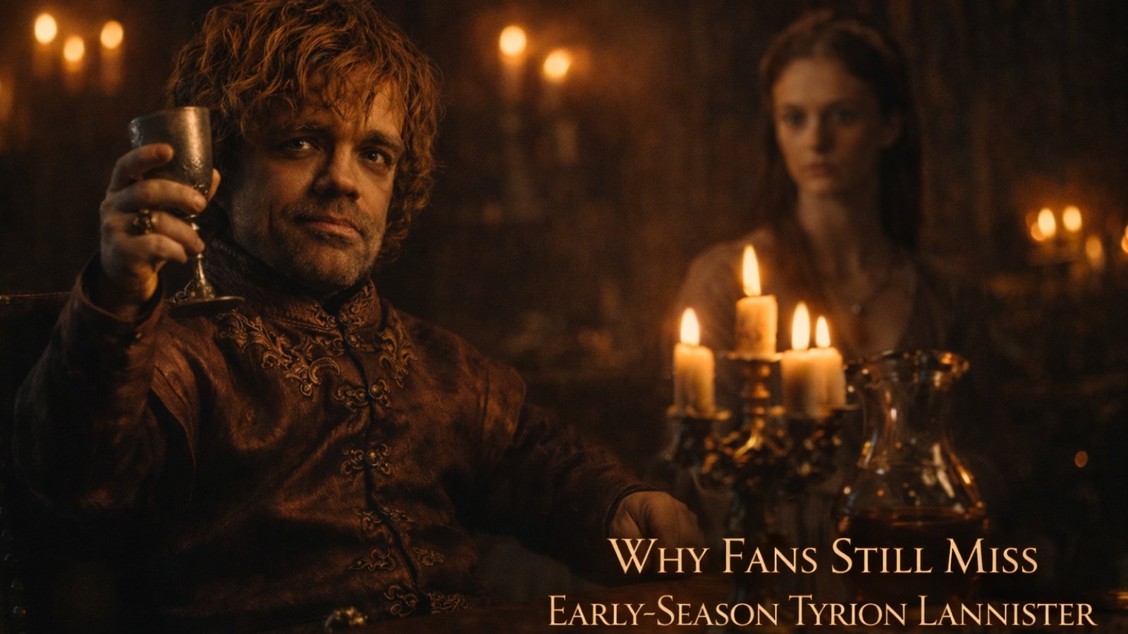 Early-season Tyrion Lannister raising a wine cup in Game of Thrones, showing his wit, confidence, and political intelligence