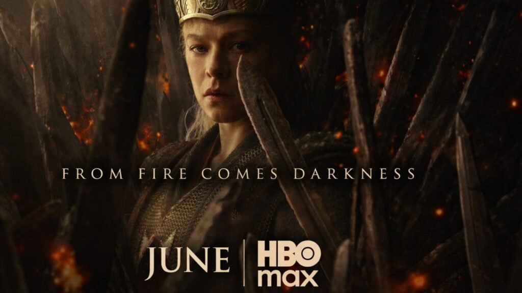House of the Dragon season 3 poster showing Rhaenyra Targaryen on the Iron Throne with the tagline “From Fire Comes Darkness” and June 2026 release on HBO Max