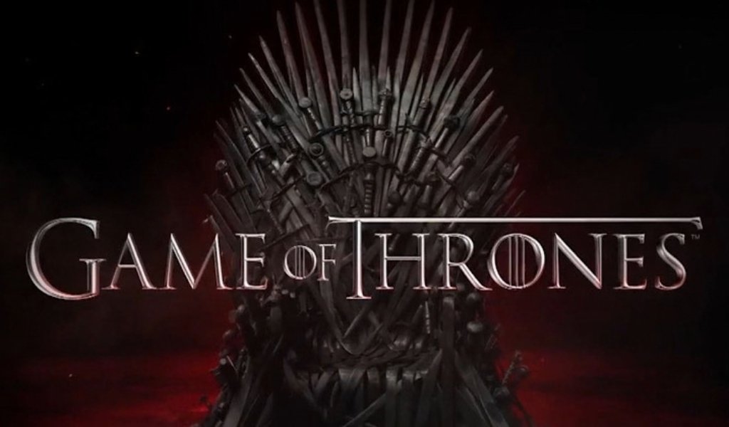 The Iron Throne forged from melted swords with the Game of Thrones title overlay on a dark red background.