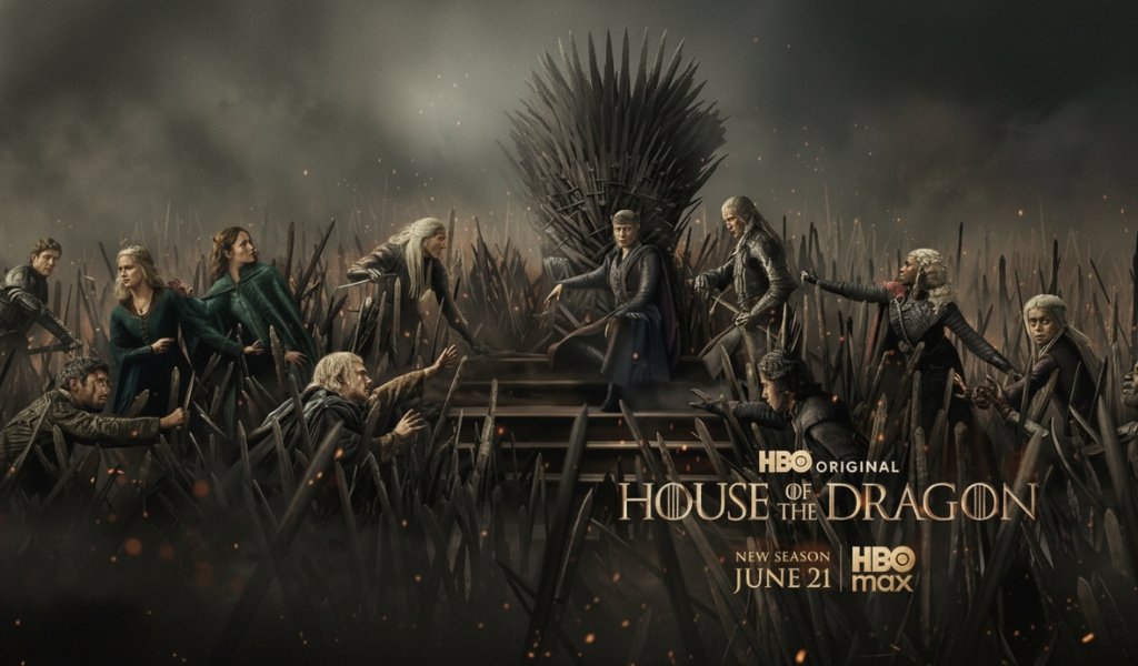 A dragon perch on a ruined tower overlooking the Iron Throne in a heavily destroyed and ash-filled King's Landing during the House of the Dragon Dance of the Dragons.