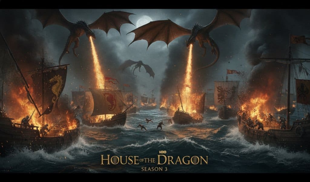 House of the Dragon season 3 episode 1 recap cinematic feature banner showing the epic Battle of the Gullet