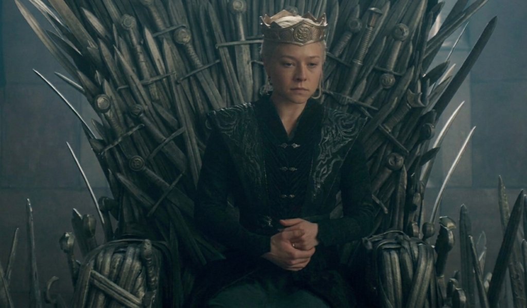 Rhaenyra Cuts Finger on Iron Throne HOTD S3 Ep 6 Explained showing Queen Rhaenyra bleeding while seated on the throne