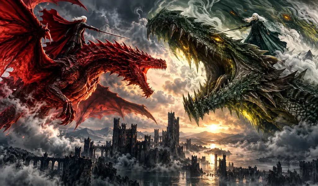 The battle above the gods eye between Daemon Targaryen on Caraxes and Aemond Targaryen on Vhagar